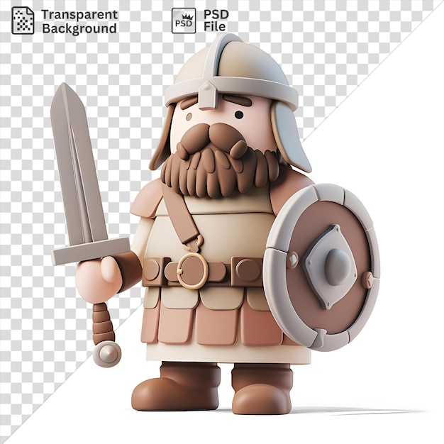 PSD premium van 3d warlord cartoon die een opstand leidt met een groot zwaard en een witte helm met een speelgoed in de hand en een bruine hand zichtbaar op de voorgrond