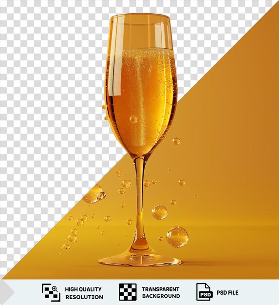 PSD premium van bubbelachtig glas champagne en bubbels op een gele achtergrond