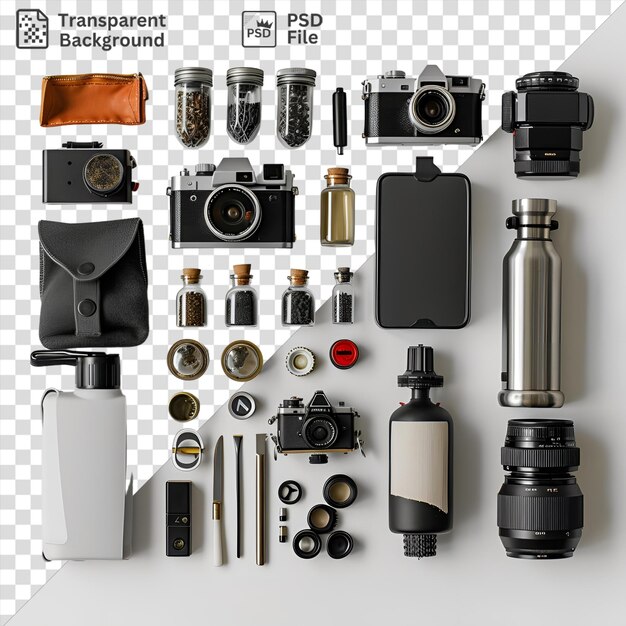 Premium van filmfotografie en donkere kamer set-up met een verscheidenheid aan camera's, waaronder een zwarte camera een zilveren camera een zwarte en zilveren camera een zilveren en zwarte camera een zwarte
