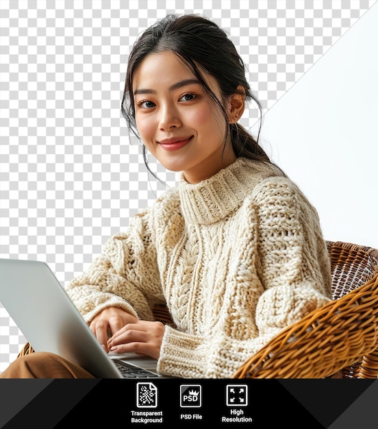 premium van gelukkig _ meisje _ met _ laptop zit in een wicker stoel