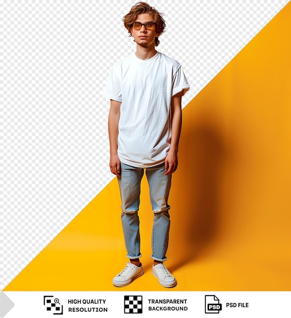 PSD premium van het hele lichaam foto van schattige jonge brunette man staan kijk advertentie dragen bril t shirt jeans sneakers