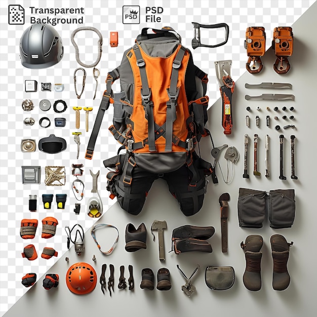 PSD premium van high performance rock climbing uitrusting set weergegeven op een witte muur met een oranje rugzak zilveren en grijze gereedschappen en een grijze en zwarte handschoen
