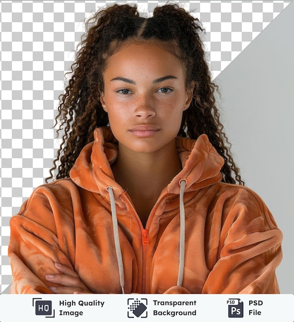 PSD premium van hoge kwaliteit psd boksen vrouw met krullend bruin haar en blauwe ogen draagt een oranje hoodie met een hand zichtbaar op de voorgrond