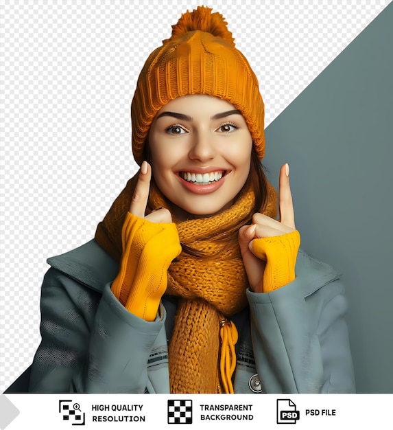 PSD premium van portret van stijlvolle mooie glimlachende vrouw met sjaal en winter gele hoed wijst zijn vingers omhoog op copy space reclame concept