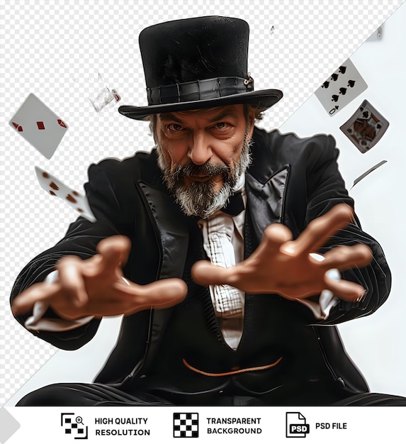 PSD premium van sluwe straat goochelaar het uitvoeren van een truc met zijn handen het dragen van een zwarte hoed en grijze baard terwijl zijn andere hand zichtbaar is in de voorgrond