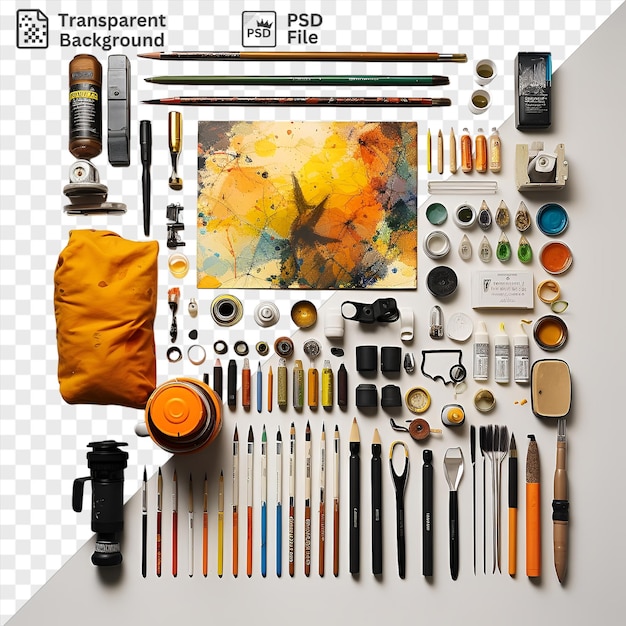 PSD premium van straatkunst gereedschappen en benodigdheden ingesteld op een transparante achtergrond met inbegrip van een zwart mes oranje ei en witte pen