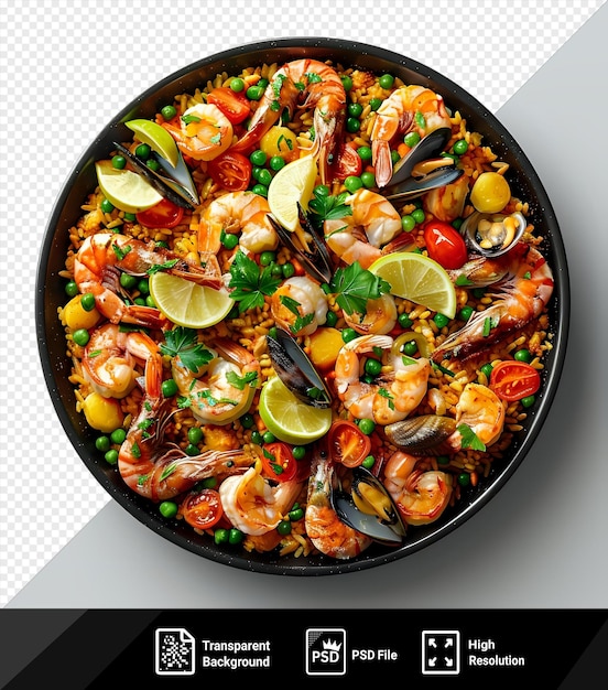 Premium van zeevruchten paella mockup met garnalen citroenen en groene erwten in een zwarte pan png psd