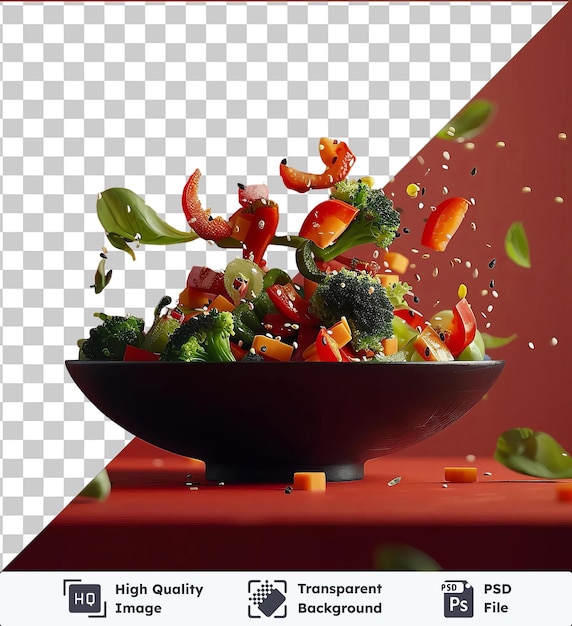 PSD premium vegetable stir fry in a black bowl on a red table featuring green broccoli and orange carrots with a red wall in the background