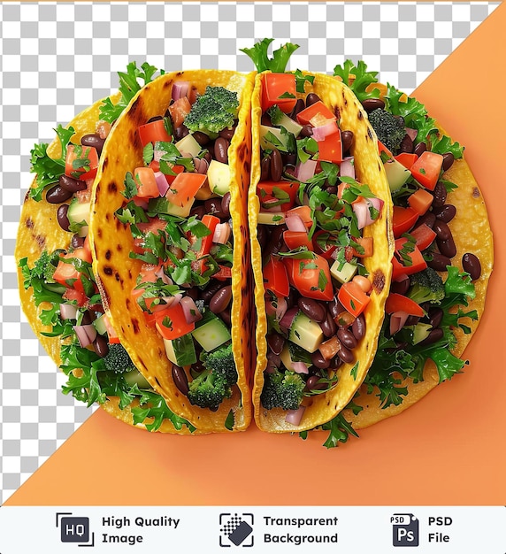 PSD premium vegetable tacos topped with fresh green broccoli on an orange background