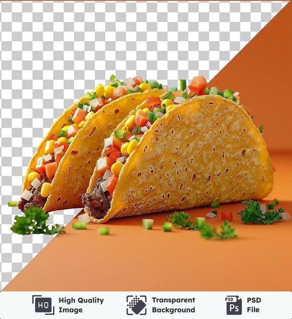 PSD premium vegetable tacos topped with a variety of colorful toppings including green and yellow corn served on a bed of tortillas