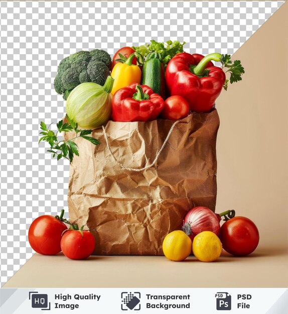 Premium verticale opnames van verse groenten in een mock-up van een recycleerbare papieren zak