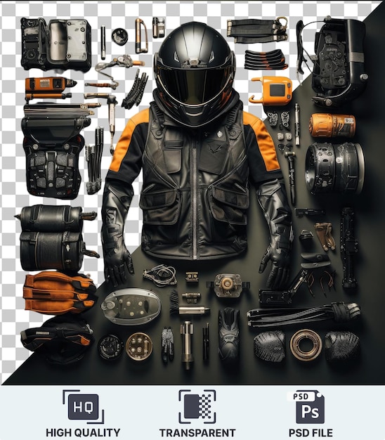 PSD premium of vintage motorcycle gear and accessories set up on a black table featuring a leather and black jacket a black gun and a black camera