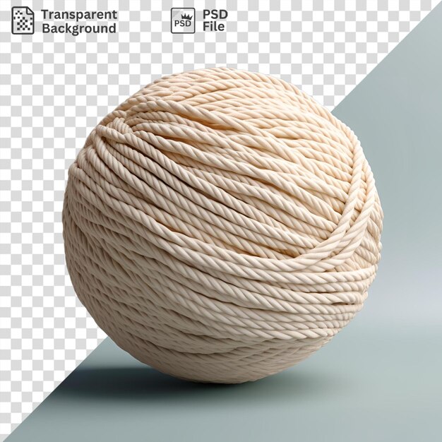 PSD premium of a white ball of yarn sits on a table next to a white rope with a dark shadow in the background