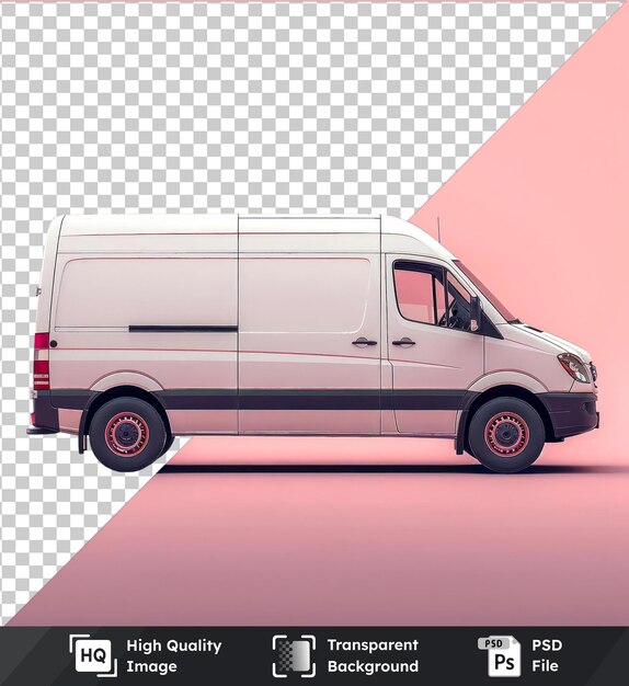 Premium witte bestelwagen mockup tegen roze lucht met zwarte banden gesloten deur en raam
