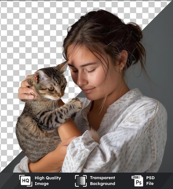 Donna premium in una camicia tiene il suo gatto adorabile nelle sue mani e guarda con attenzione il suo concetto di giocare e prendersi cura degli animali domestici