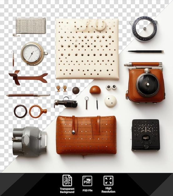 Premium of world braille items set s are displayed on a transparent background accompanied by a brown leather wallet a white clock and a black camera