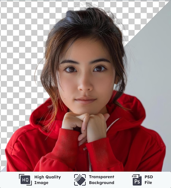 PSD premium young beautiful asian sporty woman wearing sportswear doing sport over red with hand on chin thinking about question pensive expression smiling with thoughtful face doubt co