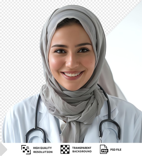 PSD premium of a young female doctor smiling for the camera wearing a white shirt and gray scarf with a prominent nose and brown eyes png