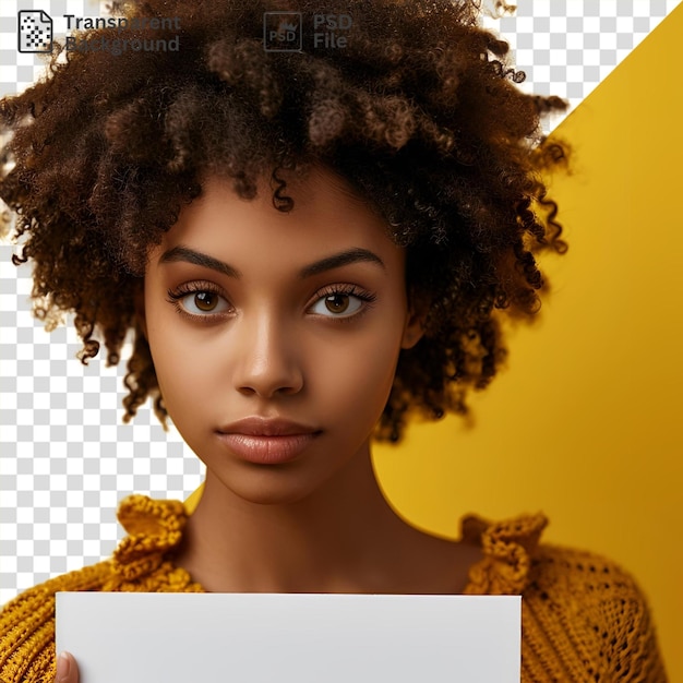 PSD premium of a young woman with curly black hair and a smiling face holds a white card in her hand showcasing her brown eyes eyebrows and nose