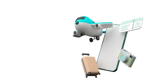 PSD preparations for a happy journey away airplane ticket luggage bag passport etc 3d rendering