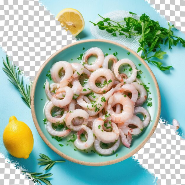 Prepared squid rings seasoned with herbs ready to be cooked