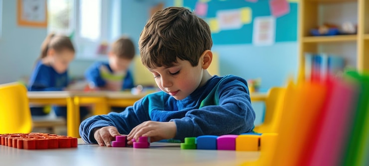 PSD preschool boy playing with colorful blocks