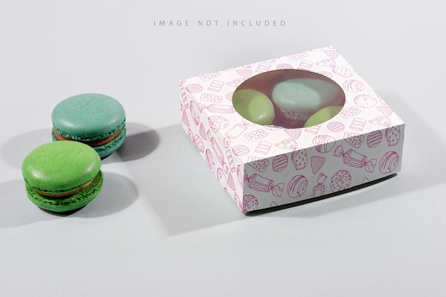 Present box mockup and macarons on a blue background