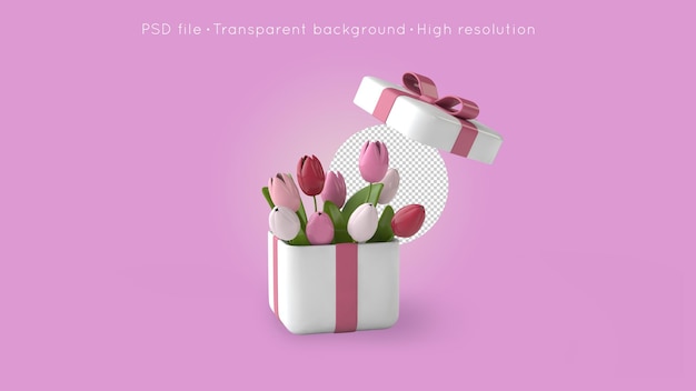 Scatola regalo con fiocco rosa e tulipani su sfondo trasparente. rendering 3d