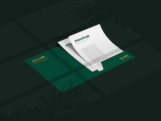 Presentation folder mockup with a4 paper and background shadow