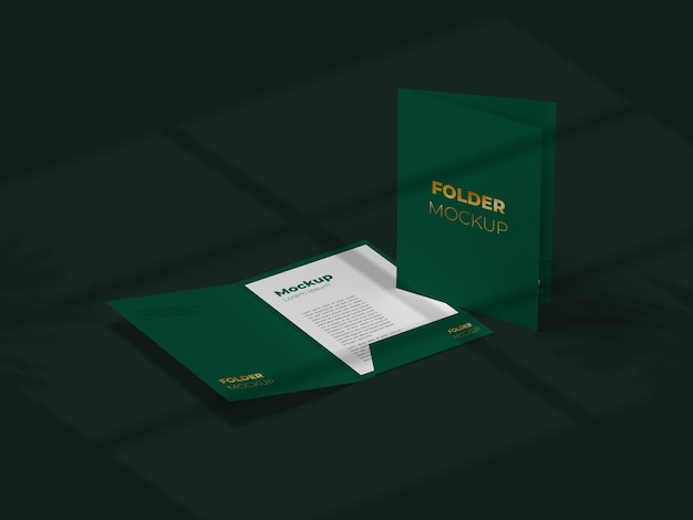 Presentation folder mockup with a4 paper and background shadow