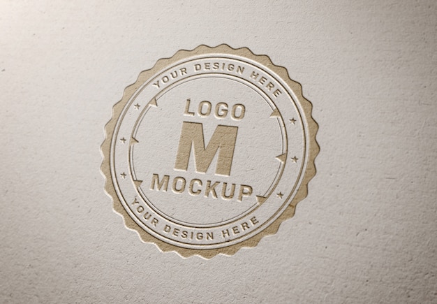 PSD pressed logo mockup on white paper texture