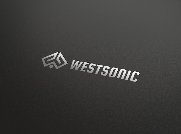 Pressed silver logo mockup on black wall