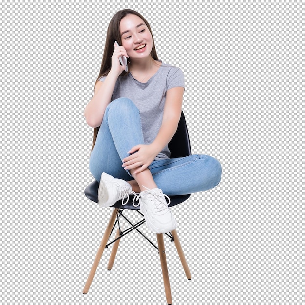 pretty asian woman talking by smart phone isolated on white wall