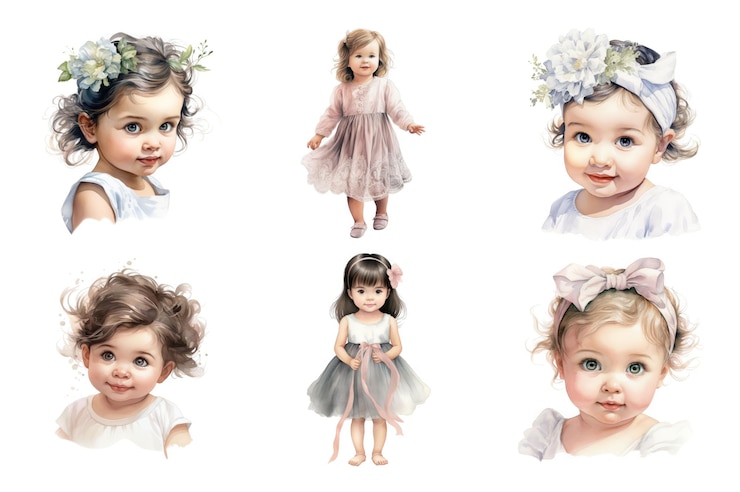 PSD pretty baby girl watercolor collection bundle set geïsoleerd op een doorzichtige achtergrond
