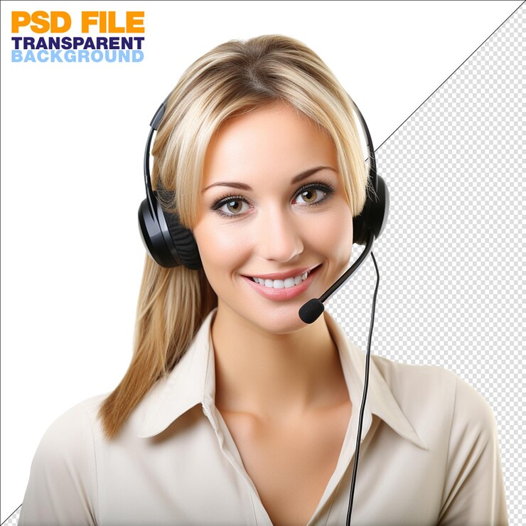 PSD pretty blond telephone operator with headset microphone on transparent background