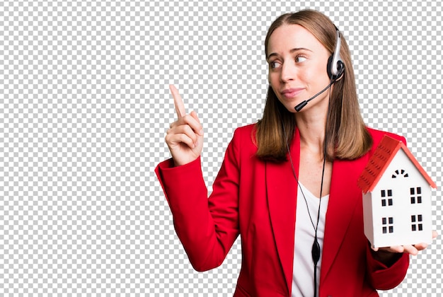 PSD pretty blonde businesswoman real state telemarketer concept