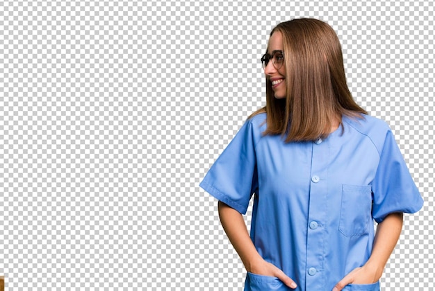 PSD pretty blonde nurse woman with a copy space