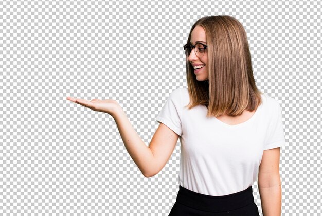 PSD pretty blonde woman presenting a concept with a copy space