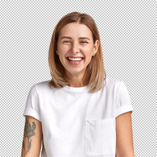 Pretty blonde woman wearing white Tshirt