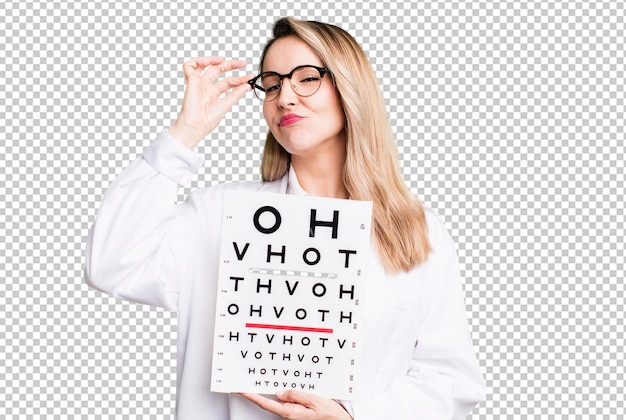 PSD pretty blonde woman with a optical vision test