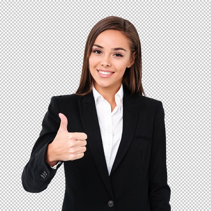 PSD pretty cheerful business woman showing thumbs up