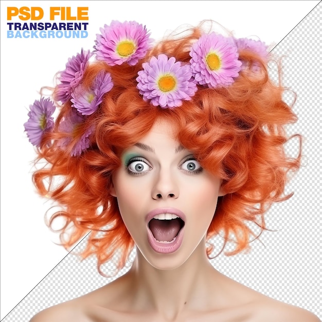 A pretty colorful woman with curly flower hair making a funny face on transparent background