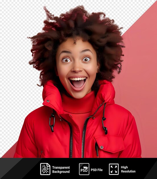 PSD pretty curlyhaired woman in red jacket looking excited with an open mouth and white teeth standing in front of a pink and red wall she has brown and blue eyes a nose png psd