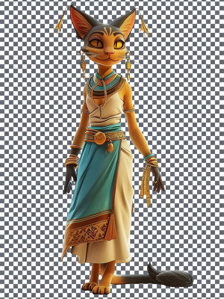 PSD pretty egyptian bastet priestess character isolated on transparent background