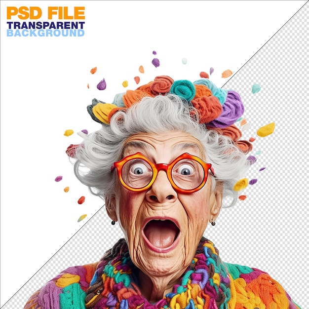 A pretty granny is making a funny face on transparent background