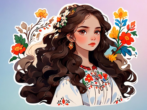 PSD pretty slavic girl in traditional dress with embroidery with wavy dark hair