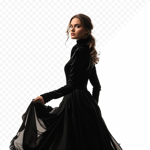 PSD Красивая женщина в черном платье, изолированная на белом