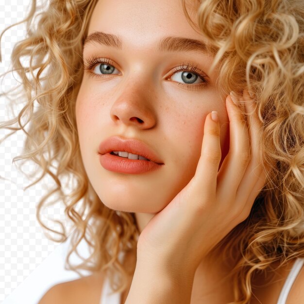 PSD pretty young blond woman with curly hair touching her cheek and looking to the left isolated against white isolated background