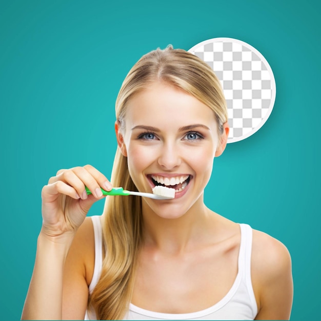 PSD pretty young blonde woman cleaning her teeth