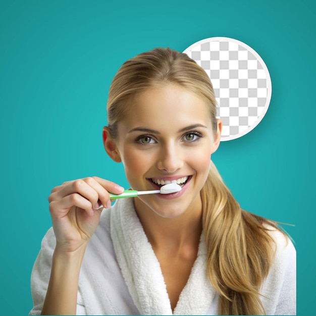 PSD pretty young blonde woman cleaning her teeth